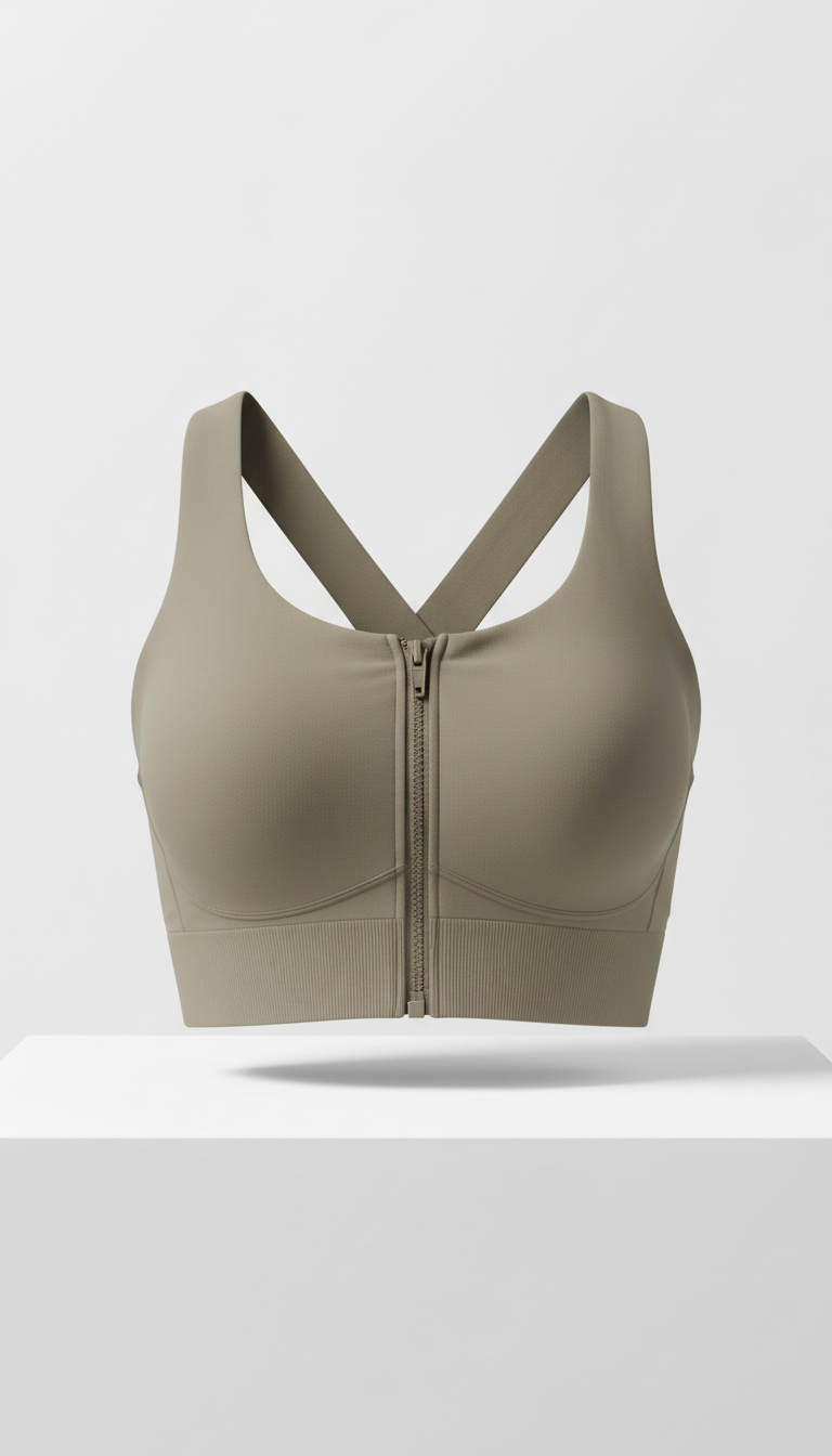 Taupe Tech Zip-Front Athletic Bra